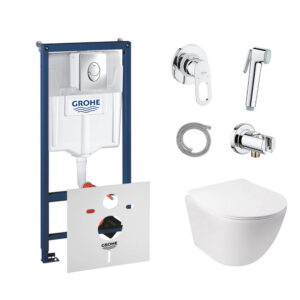 Комплект инсталляция Grohe Rapid SL 38721001 + унитаз с сиденьем Qtap Jay QT07335176W + набор для гигиенического душа со смесителем Grohe BauLoop 111042