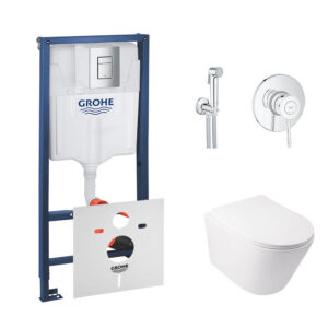 Комплект инсталляция Grohe Rapid SL 38772001 + унитаз с сиденьем Qtap Swan QT16335178W + набор для гигиенического душа со смесителем Grohe BauClassic 2904800S