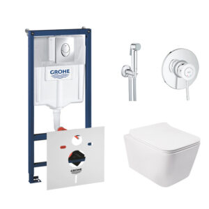 Комплект инсталляция Grohe Rapid SL 38721001 + унитаз с сиденьем Qtap Crow QT05335170W + набор для гигиенического душа со смесителем Grohe BauClassic 2904800S